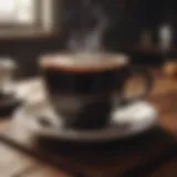 A close-up of a steaming cup of black coffee on a wooden table, highlighting its rich color.