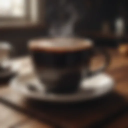 A close-up of a steaming cup of black coffee on a wooden table, highlighting its rich color.