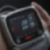 A close-up view of an electronic blood pressure cuff displaying readings.