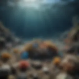 An underwater scene showing marine life surrounded by plastic debris