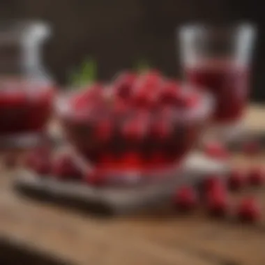 Cranberry fruit and juice on a wooden table