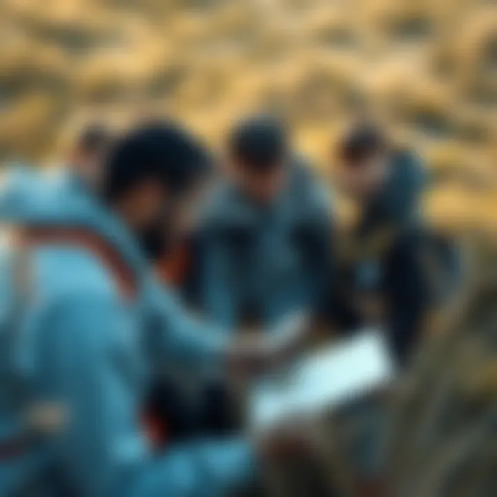 Field Research in Environmental Science A group of environmental scientists analyzing data in the field