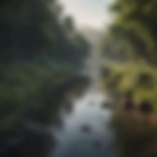 A serene river surrounded by lush vegetation showing signs of pollution.