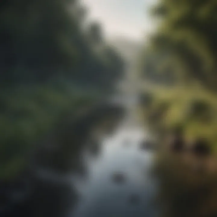 A serene river surrounded by lush vegetation showing signs of pollution.