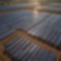 Aerial view of a solar farm with numerous panels harnessing sunlight