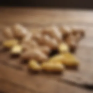 Capsules of ginger supplement on a wooden surface