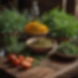 A vibrant display of various Mexican herbs on a rustic wooden table