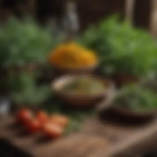 A vibrant display of various Mexican herbs on a rustic wooden table