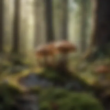 A serene landscape featuring a forest where medicinal mushrooms thrive.