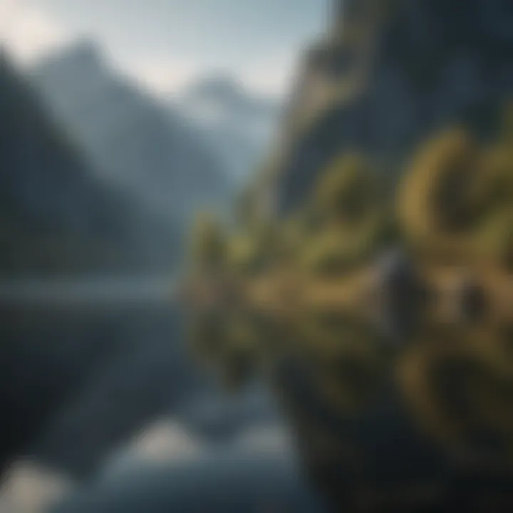 A serene landscape with mountains and a calm lake