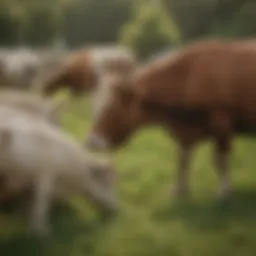 A diverse range of livestock grazing on a lush pasture