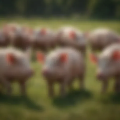 A diverse herd of pigs in a lush pasture