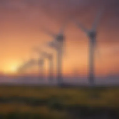 A serene landscape featuring wind turbines with a sunset backdrop