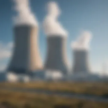 Nuclear Energy Facility Nuclear power plant with cooling towers against clear blue sky