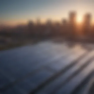 Solar Power Installation Solar panels on a roof with city skyline in the background