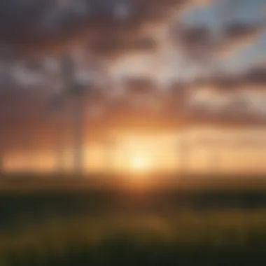 Wind Energy Generation Wind turbines in a vast field during sunset