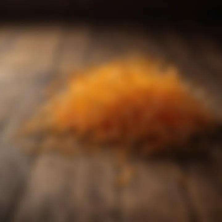 Golden saffron strands on a wooden surface