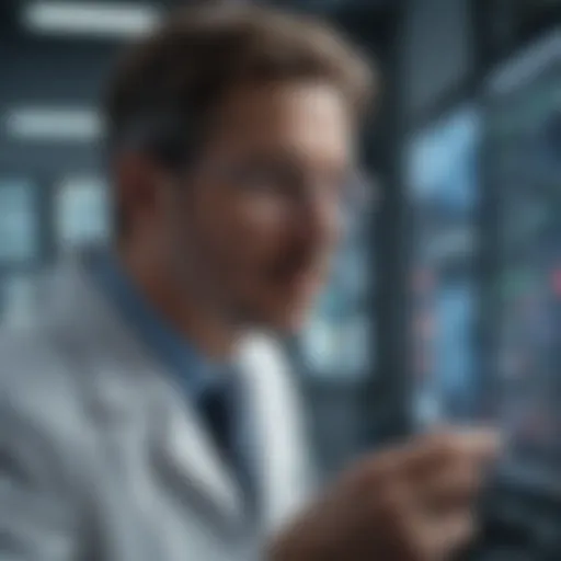 A scientist examining data on a digital screen