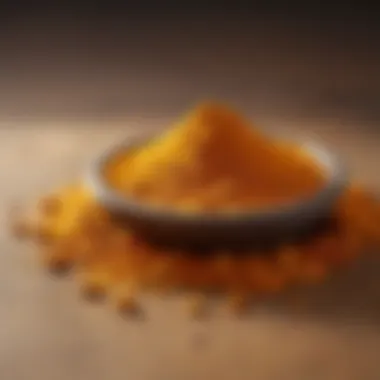 A detailed view of turmeric powder showcasing its vibrant color