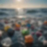 A close-up view of various types of plastic waste floating in ocean water.