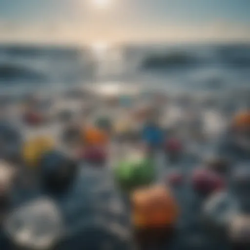 A close-up view of various types of plastic waste floating in ocean water.