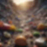A visual representation of plastic food packaging waste accumulated in a landfill.