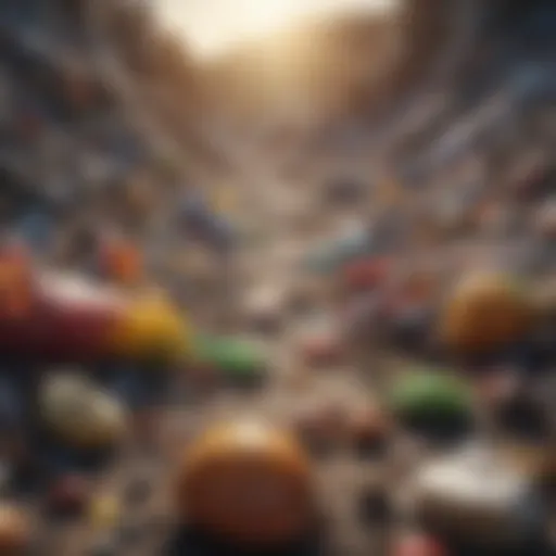 A visual representation of plastic food packaging waste accumulated in a landfill.