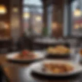 A close-up of a dining table set in a public restaurant, highlighting dishes and cutlery.