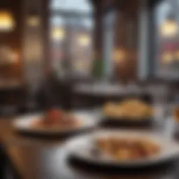 A close-up of a dining table set in a public restaurant, highlighting dishes and cutlery.