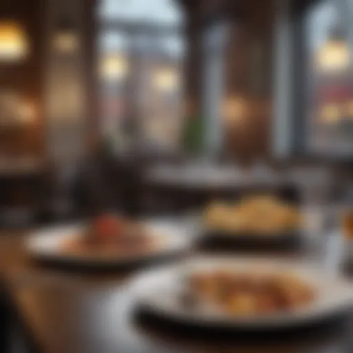 A close-up of a dining table set in a public restaurant, highlighting dishes and cutlery.