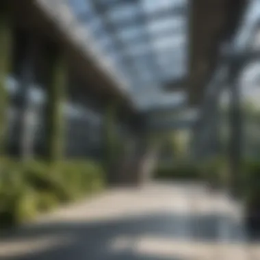 A modern office building with solar panels and greenery